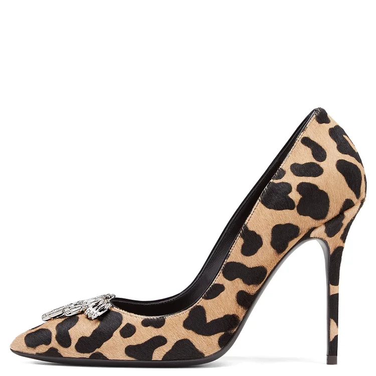 Horse Hair Rhinestones Leopard Print Heels Pumps |FSJ Shoes