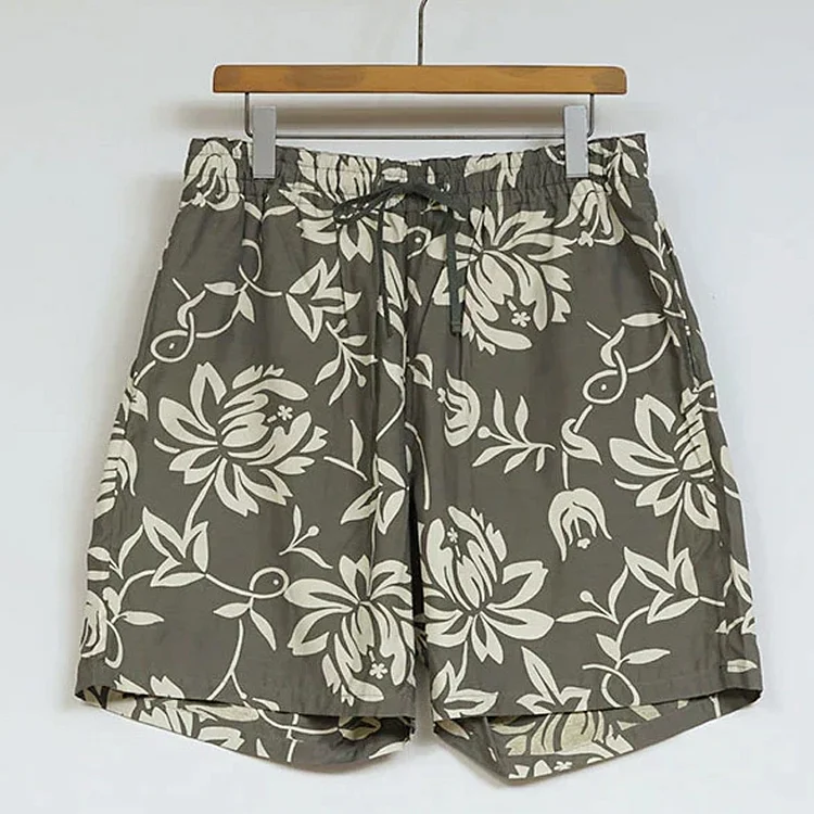 Charcoal Printed Twill Elastic Waist Shorts