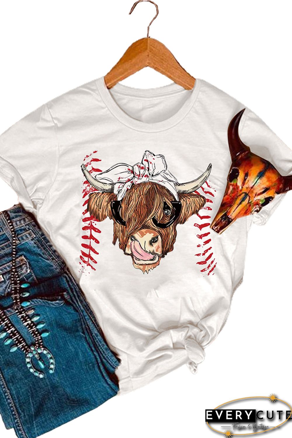 White Western Cow Head Baseball Print Graphic T Shirt
