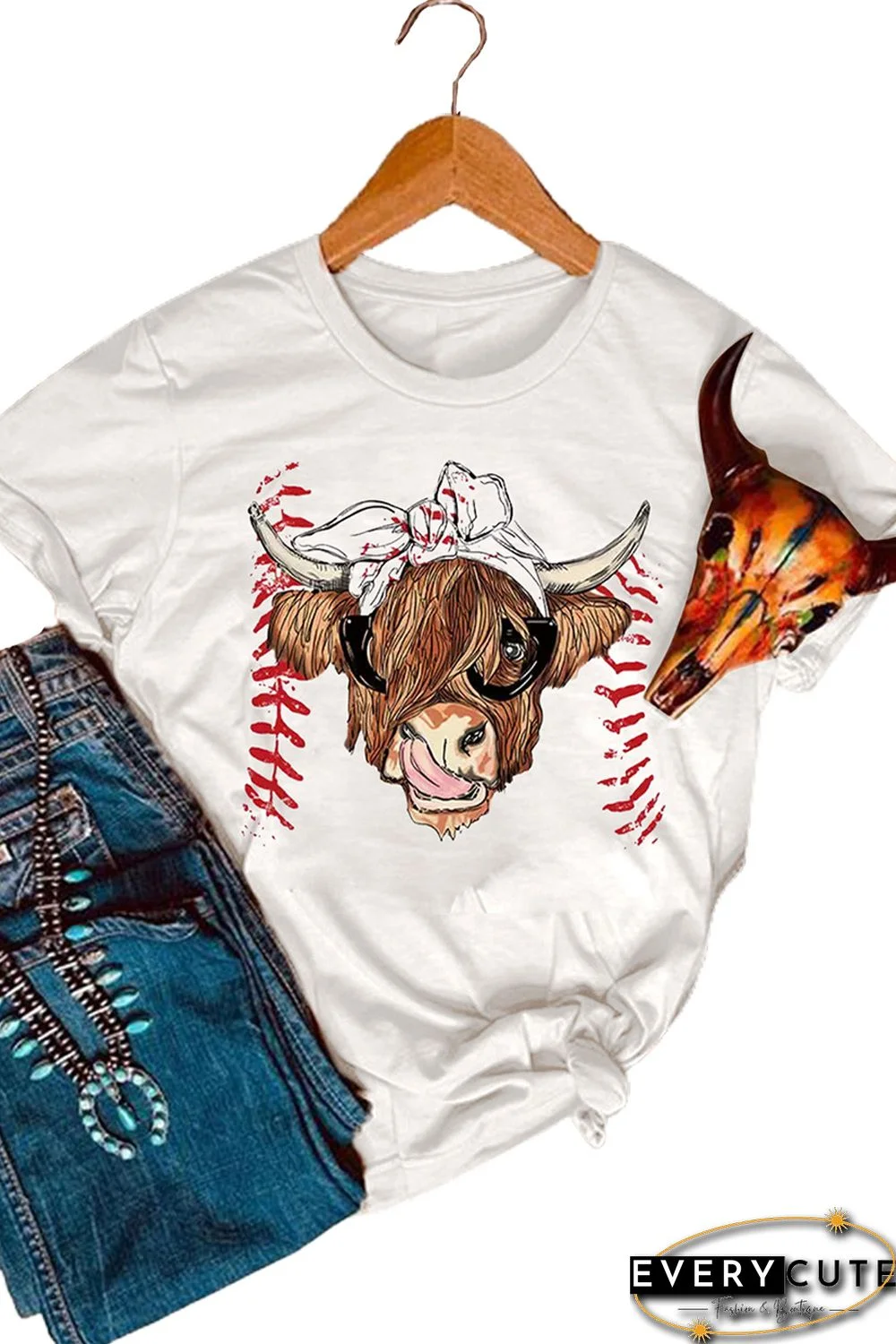 White Western Cow Head Baseball Print Graphic T Shirt