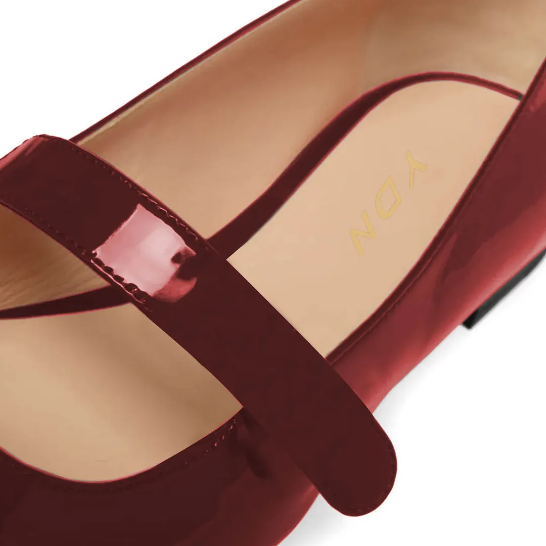 Simple Burgundy Patent Leather Square Toe Flat Shoes for Women