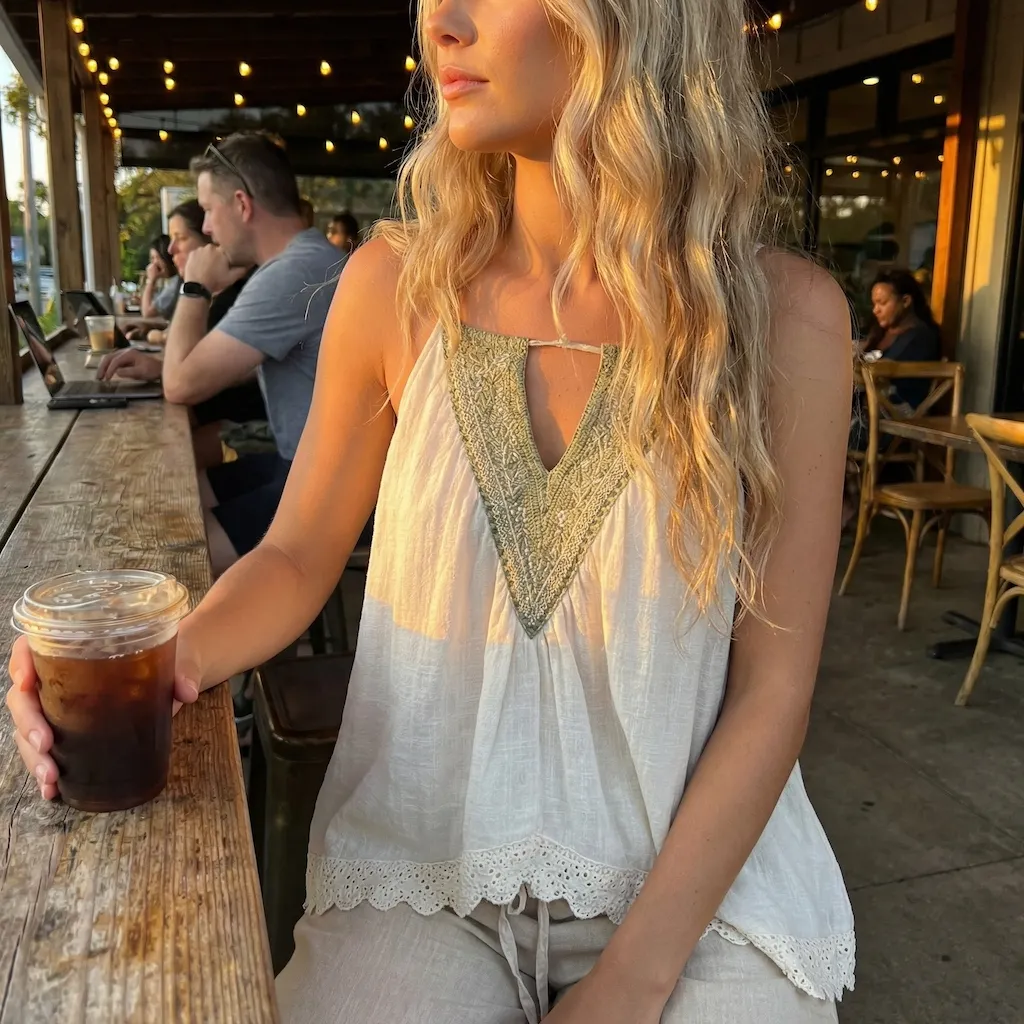  Bohemian Lace Trimmed Halter Top with Embellished Yoke tank top