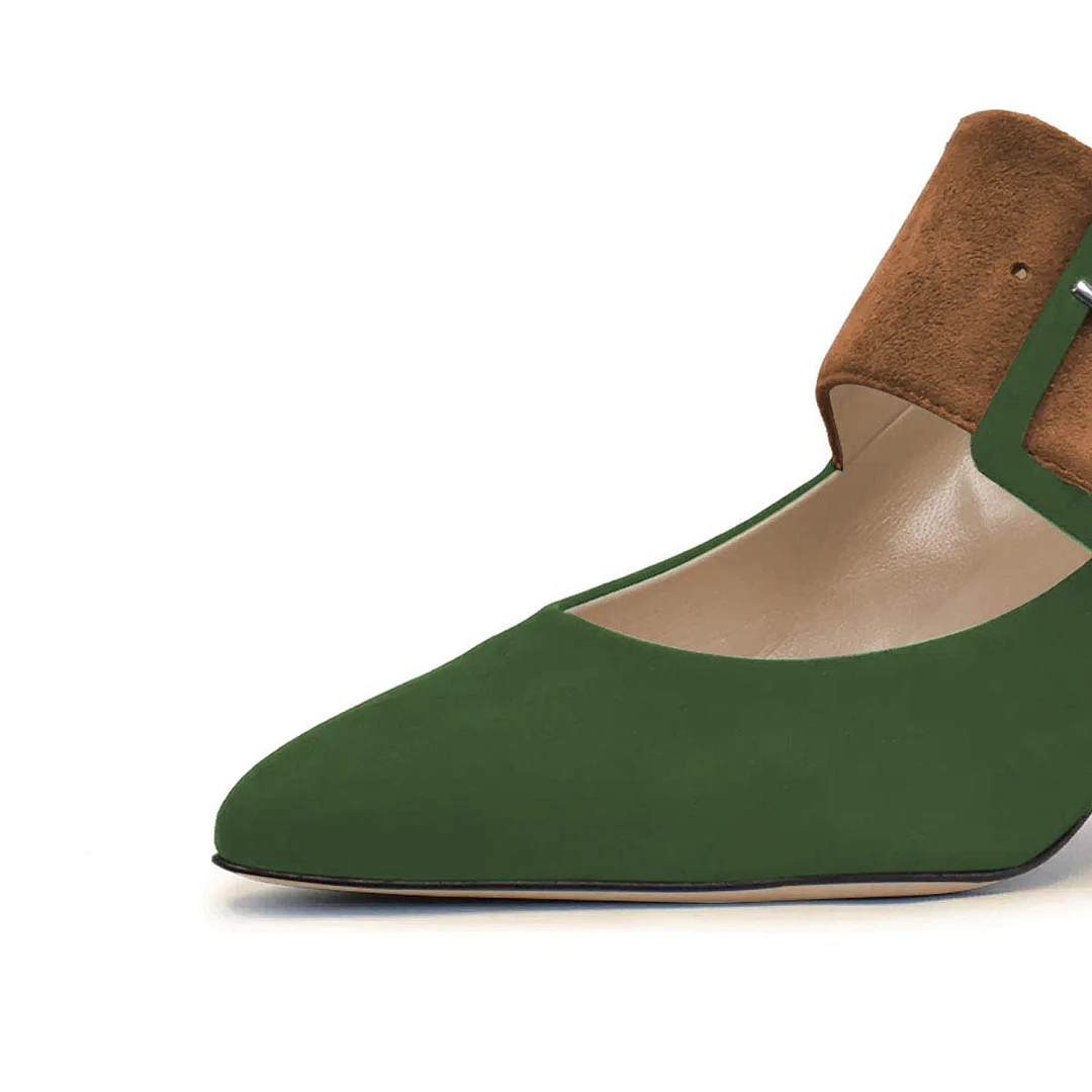 Dark Green Faux Suede Pointed Toe Heel Yellow Buckle Pumps for Women