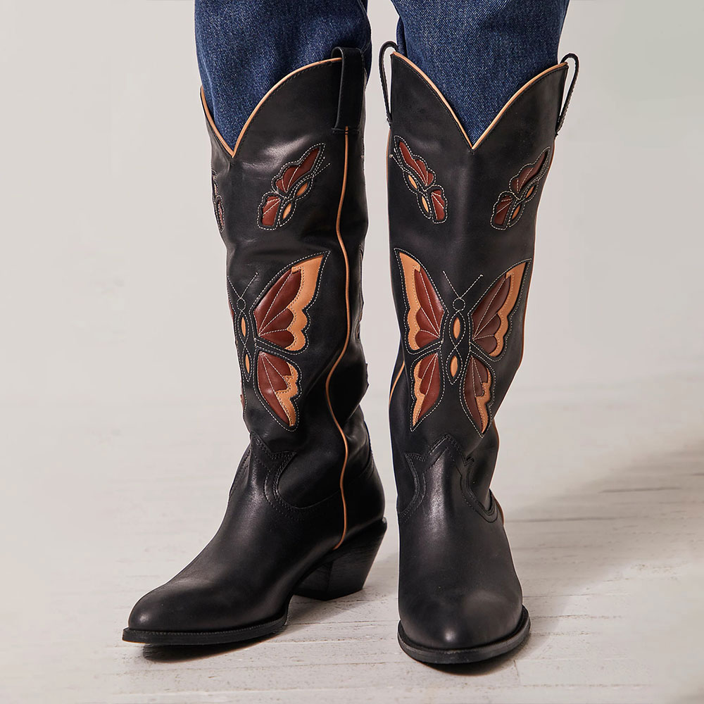 Black Vegan Leather Colorful Butterfly Patch-Work Cowgirl Boots With Chunky Heel