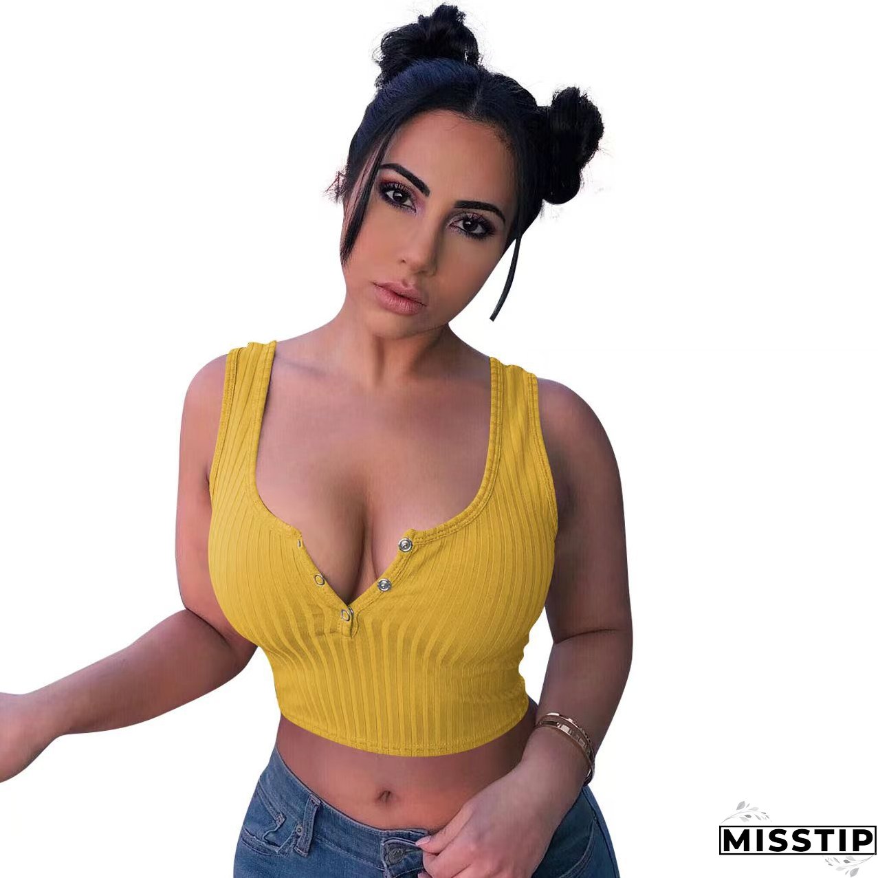 Women's Summer Casual Ribbed Tops Sexy Solid Color  Buttoned Vest