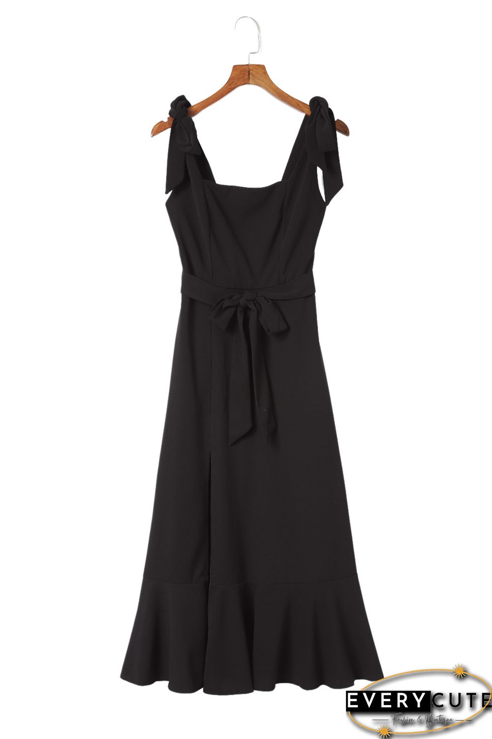 Black Tie Shoulder Smocked Back Side Slit Maxi Dress