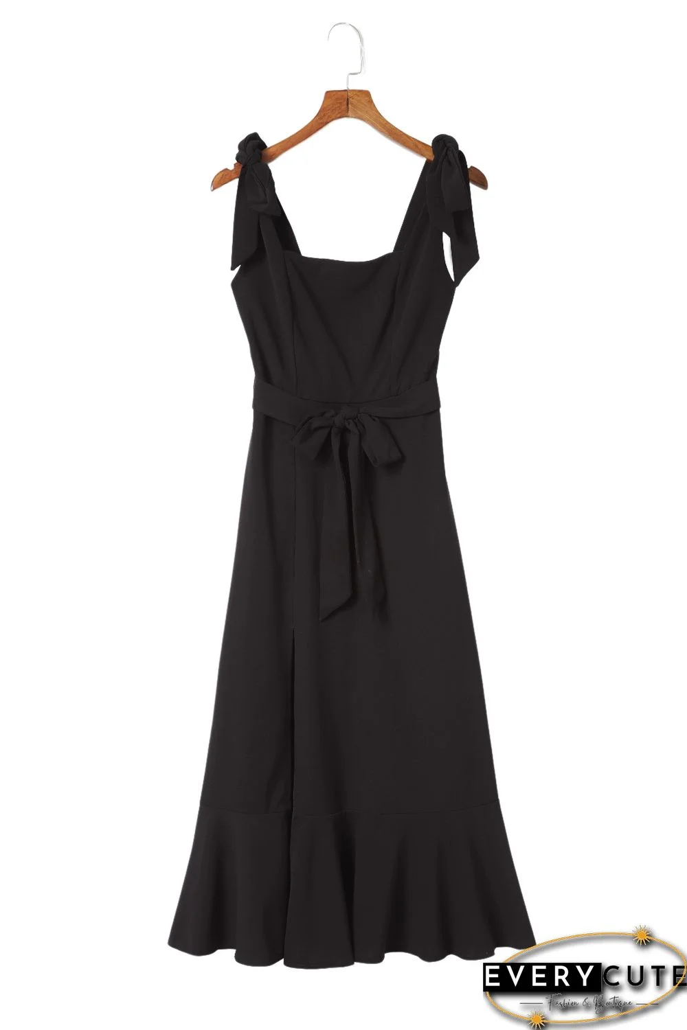 Black Tie Shoulder Smocked Back Side Slit Maxi Dress