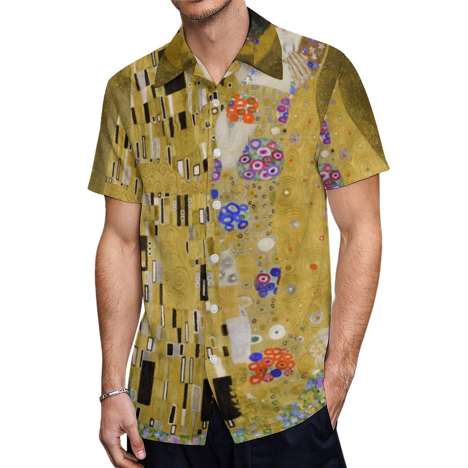 Hotleggings The Kiss By Gustave Klimt | Men's Hawaiian Vacation Aloha Button Down Shirt | Hawaiian Shirt Vacation Dress Resort