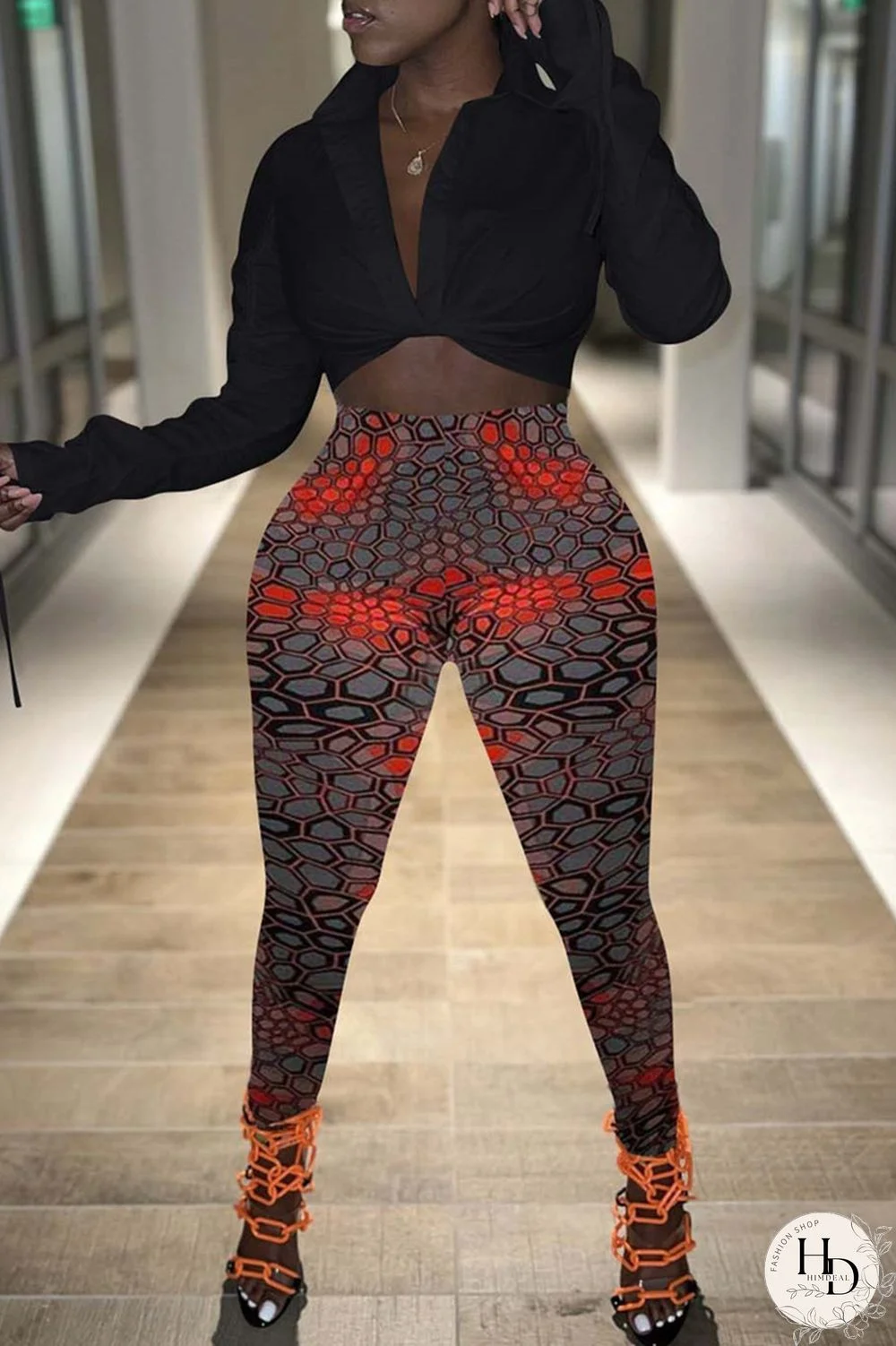 Red Fashion Casual Print Basic V Neck Long Sleeve Two Pieces