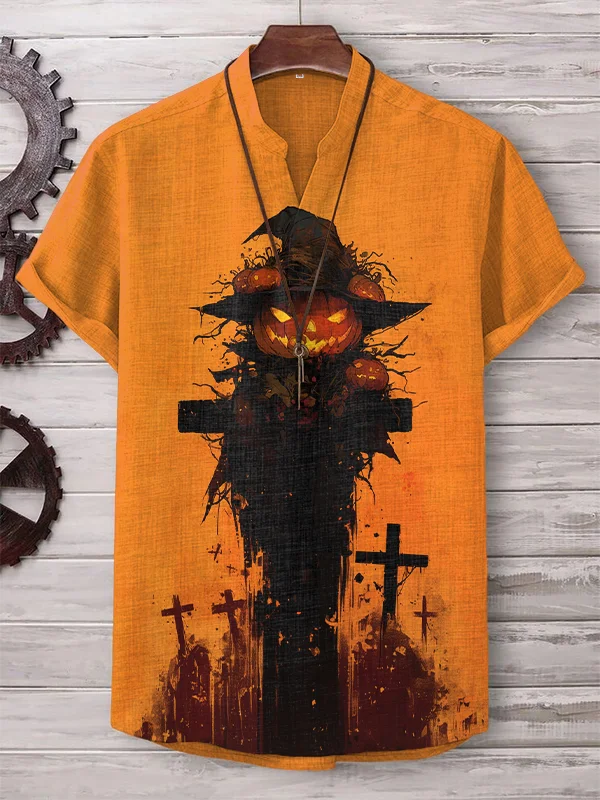 Men's Spooky Scary Pumpkin And Cross Print V Neck T-Shirt