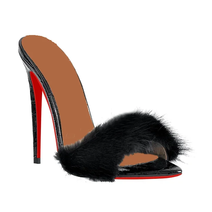 120mm Women's Fur Fluffy Mules Slip On Croc High Heels Red Bottom Sandals VOCOSI VOCOSI