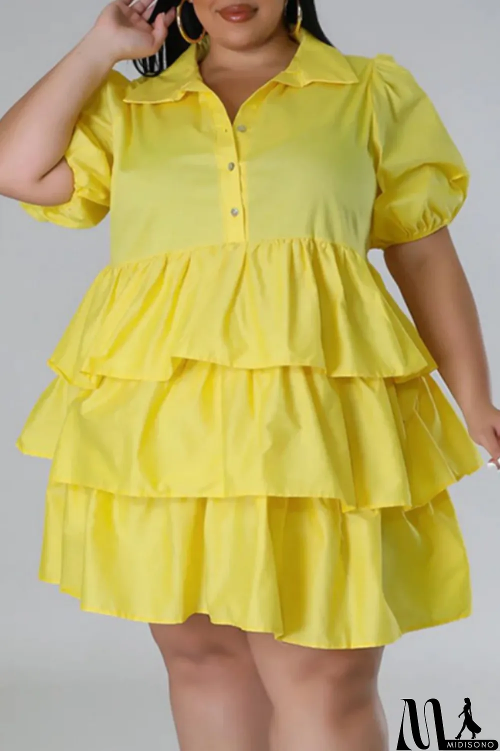 MidiSono - Light Blue Casual Solid Patchwork Turndown Collar Cake Skirt Plus Size Dresses