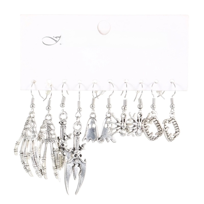 1 Set Gothic Vintage Style Funny Pumpkin Spider Skull Alloy Silver Plated Drop Earrings