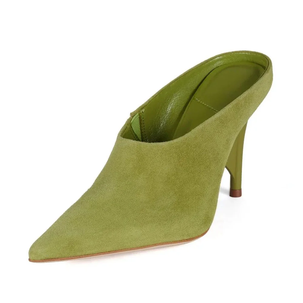 Olive Vegan Suede Slip-On Simple Mule Heels with Pointed Toe