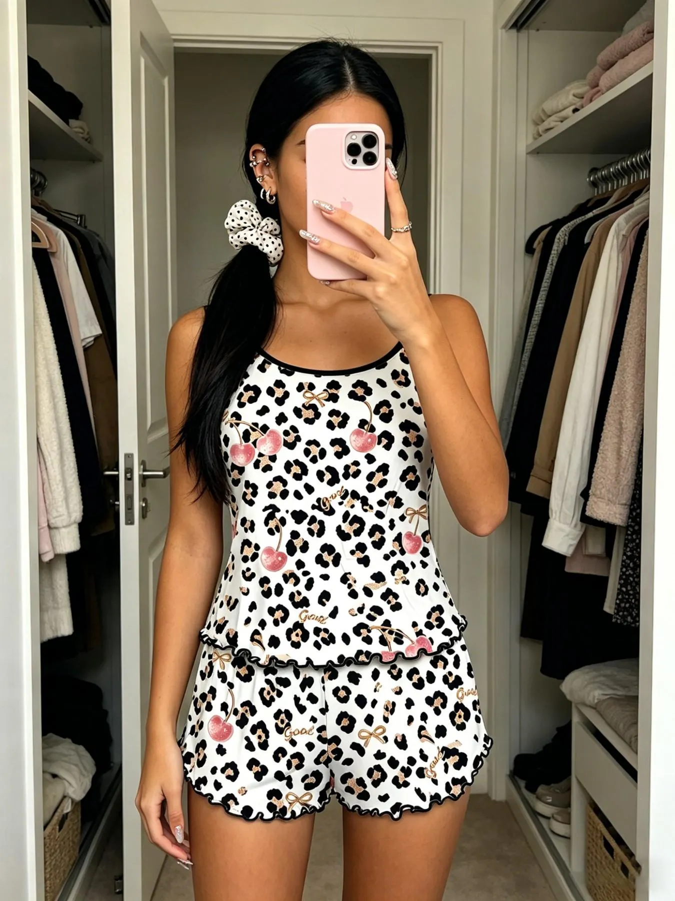 Cherry Print Halter Short Pajamas, Ruffle Trim Design, Sweet Girl Style, Breathable Home Sleepwear, 3-Piece Set Cherry Print Halter Short Pajamas, Ruffle Trim Design, Sweet Girl Style, Breathable Home Sleepwear, 3-Piece Set