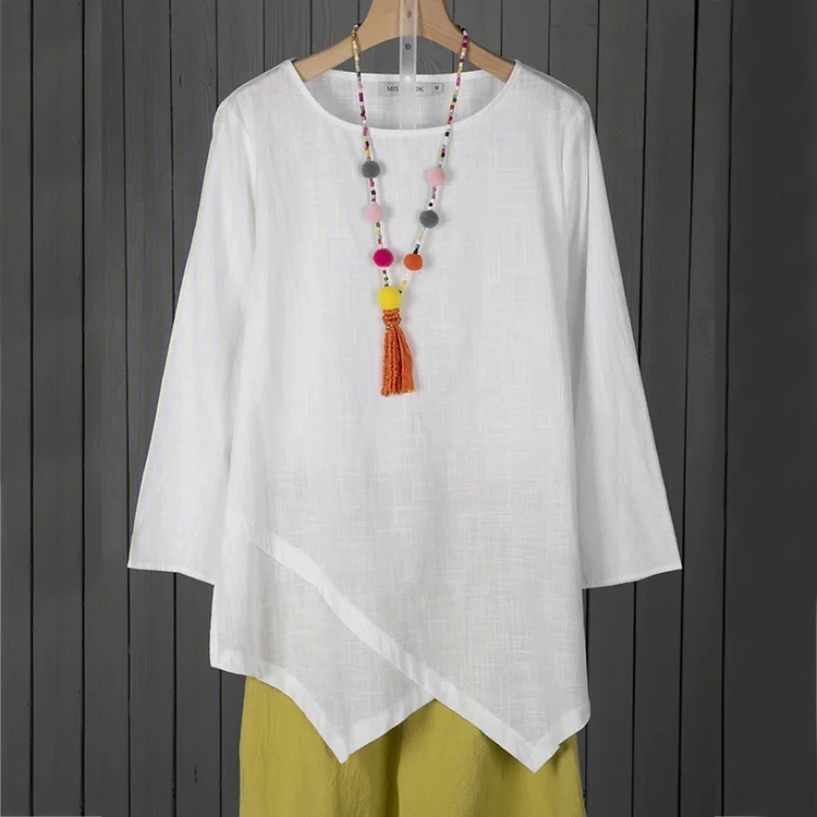 Women's Casual Loose Blouse Crew Neck Irregular Hem Shirts