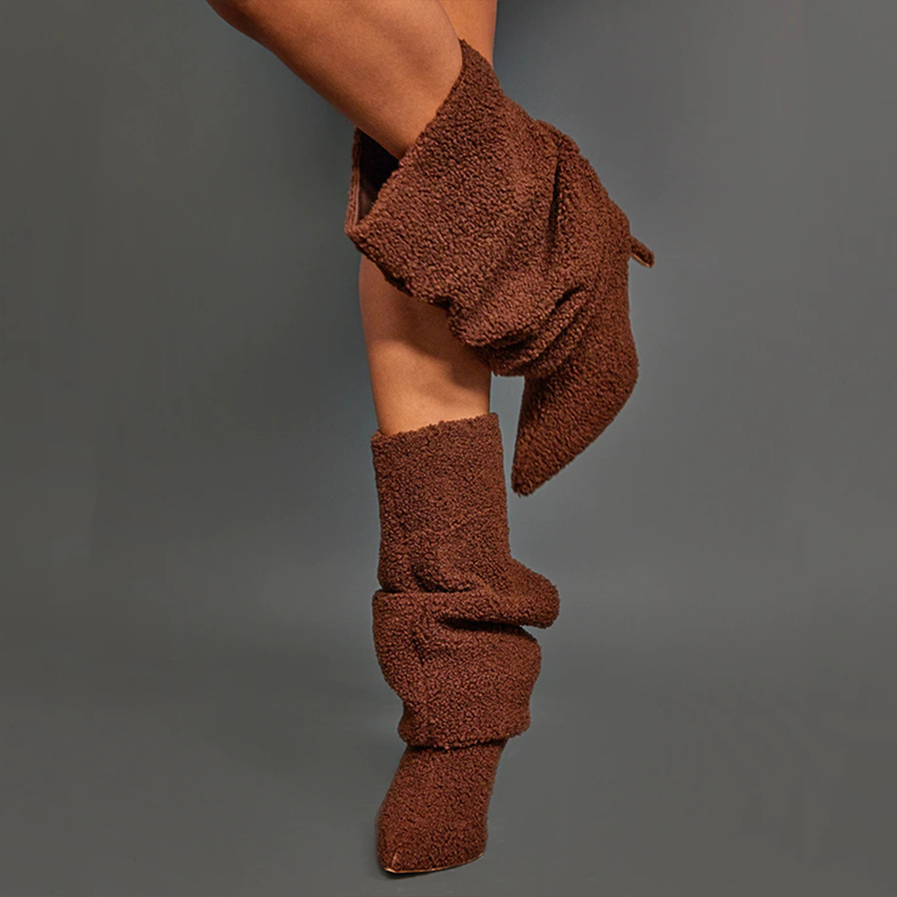Women's Faux Shearling Stiletto Heel Cozy Slouch Boots in Brown Nicepairs