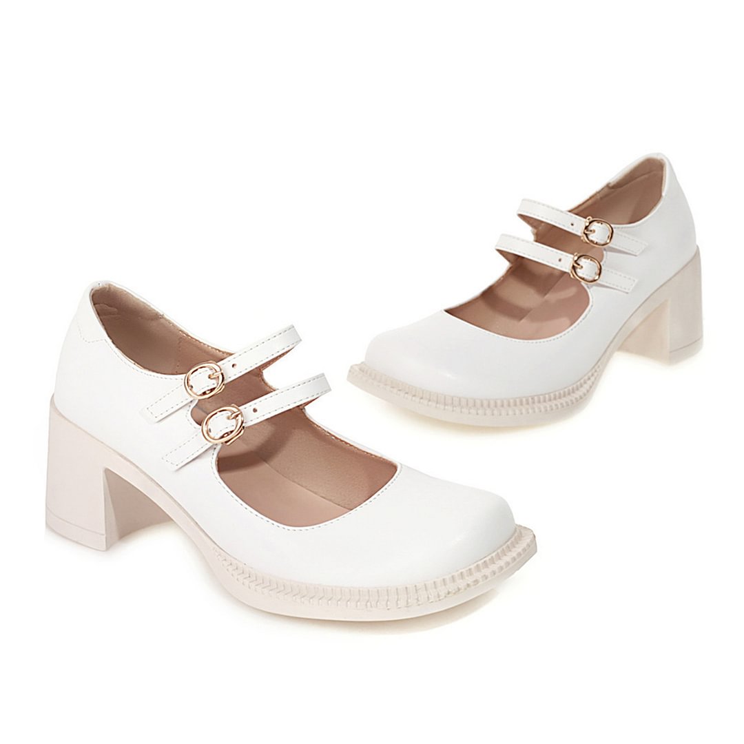 Solid Vintage Chunky Heel Buckle Shoes