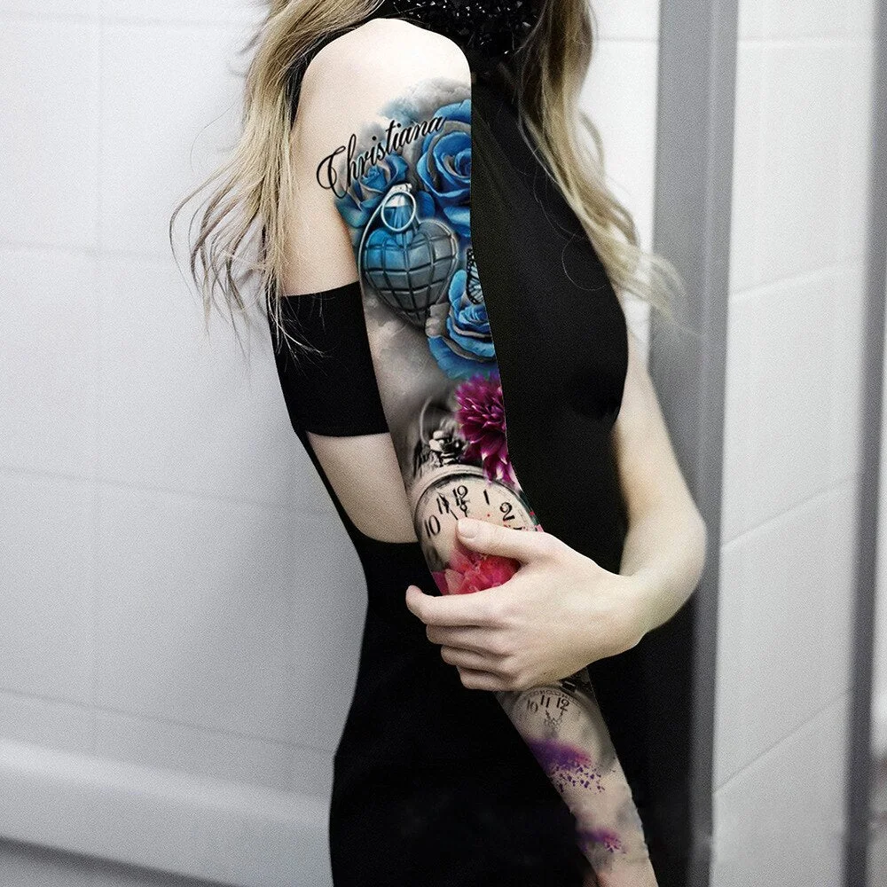 Large Arm Sleeve Tattoo Waterproof Temporary Tattoo Sticker Clock Rose Full Flower Tatoo Body Art Tattoo Girl