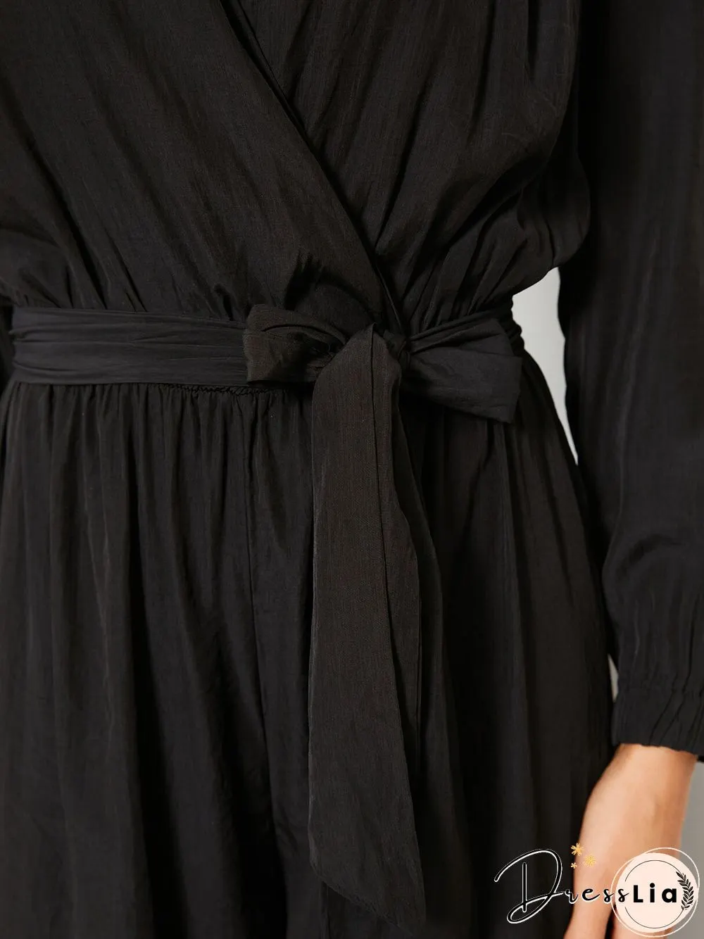 Solid Color Knotted Waistband Long Sleeve Casual Jumpsuit for Women