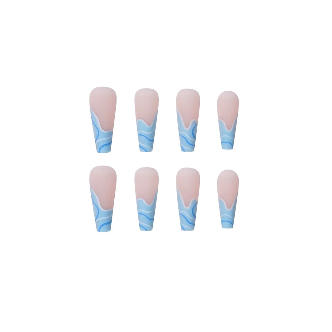 Fake nails with Wave Series Ocean designs Simple Wearing Nail Art Finished Long Coffin Fake Nail Press On Nails Ballerina Nail-Nail Inspo