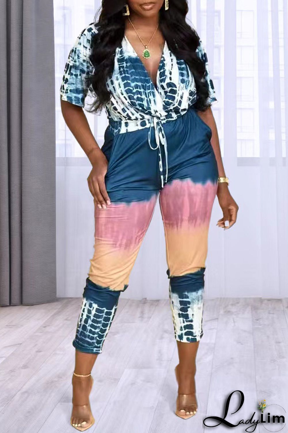 Orange Fashion Casual Print Split Joint V Neck Regular Jumpsuits