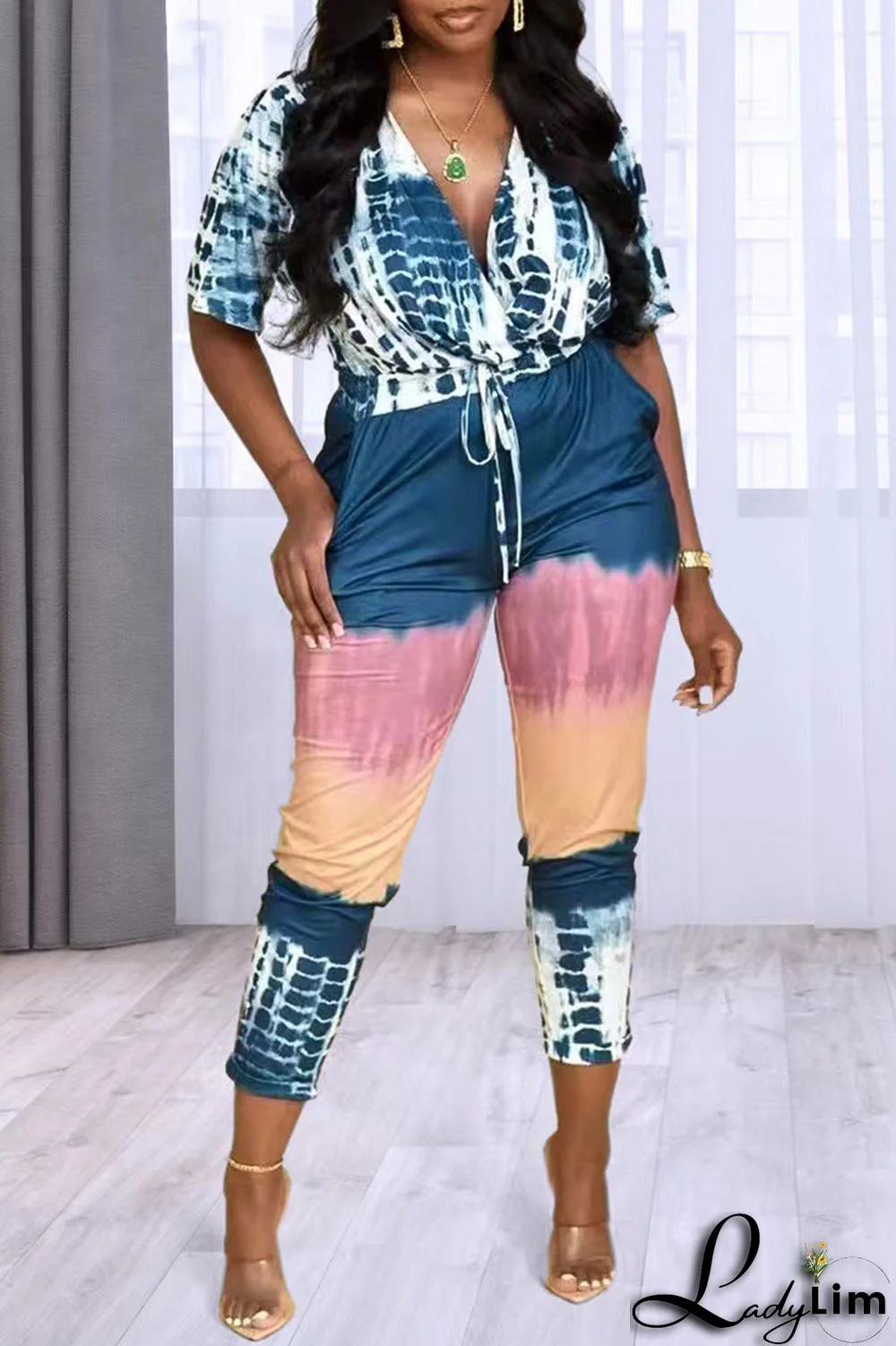 Orange Fashion Casual Print Split Joint V Neck Regular Jumpsuits