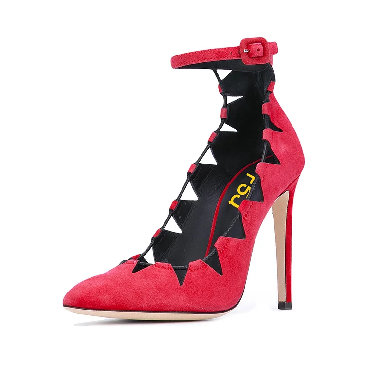 Red Ankle Strap Heels Pointy Toe Vegan Suede Pumps Stiletto Heels |FSJ Shoes