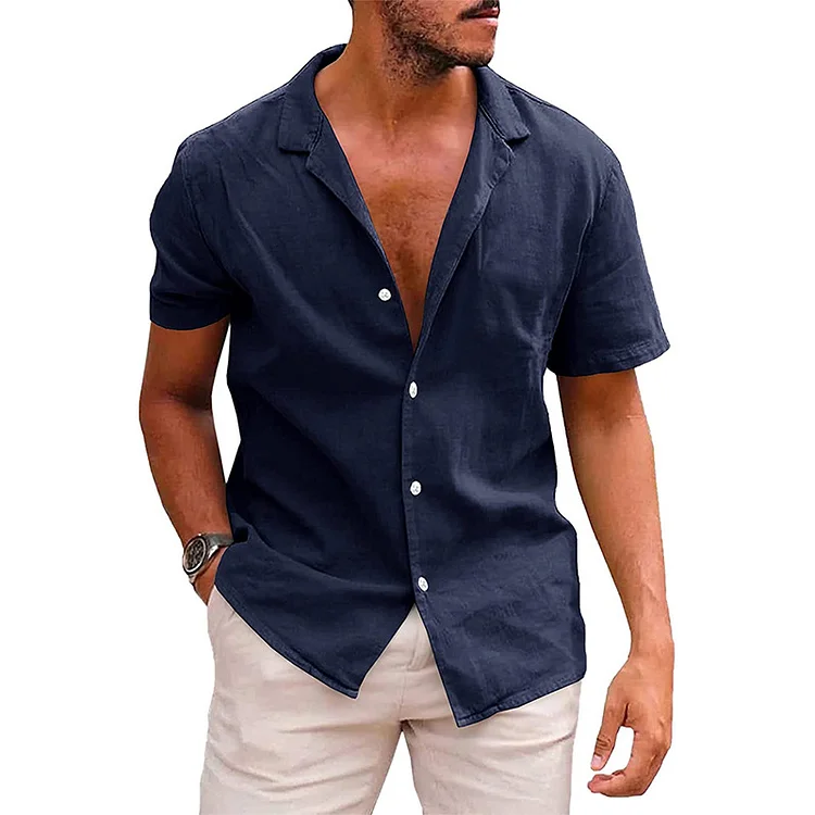 Men's Hawaiian Cotton Linen Button Down Tropical Holiday Beach Shirts
