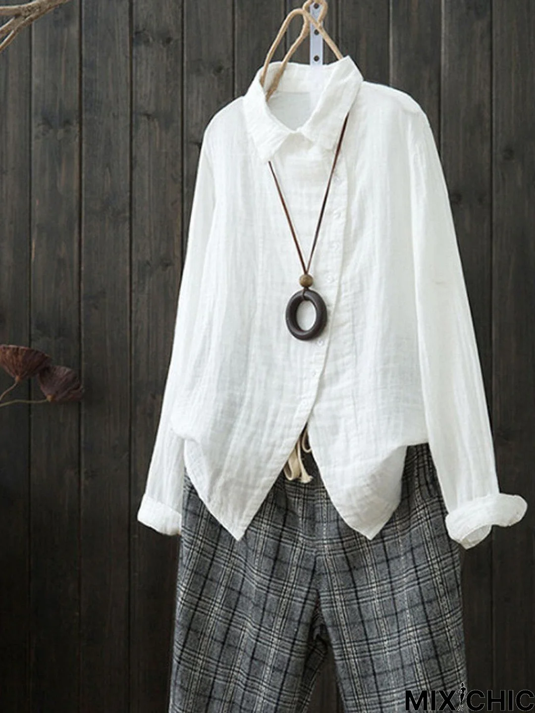 Linen Shirt Collar Asymmetric Long Sleeve Blouses