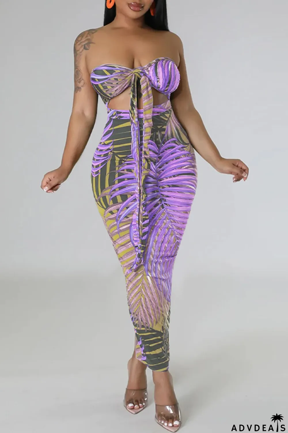 Green Sexy Print Bandage Patchwork Backless Halter Pencil Skirt Dresses