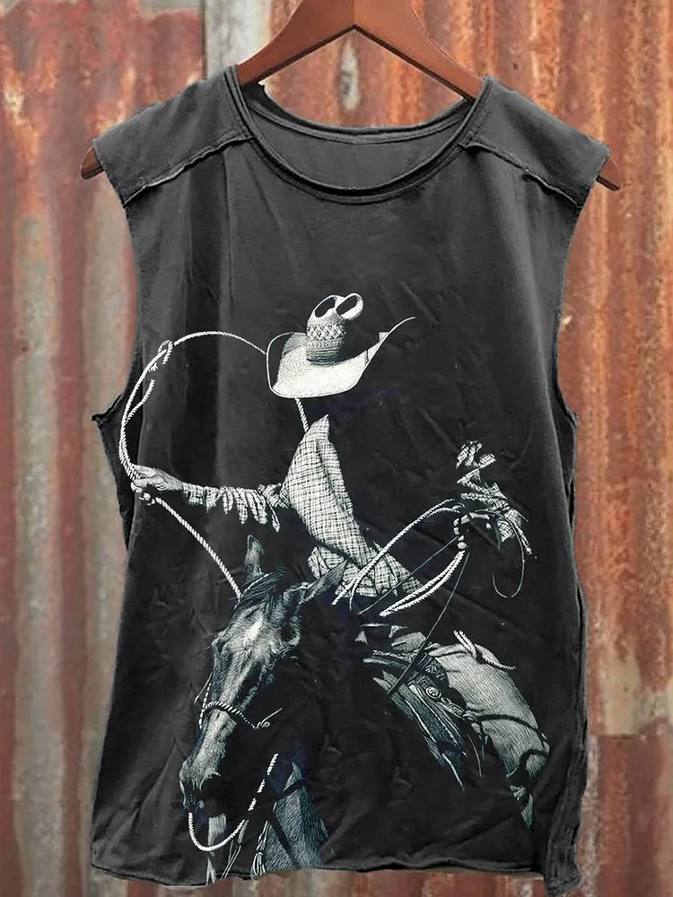 Vintage Wild Cowboy Art Print Casual Shirt Tee