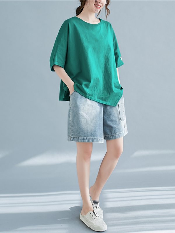 Solid Color Ramie Cotton Split-Joint Irregular T-Shirts