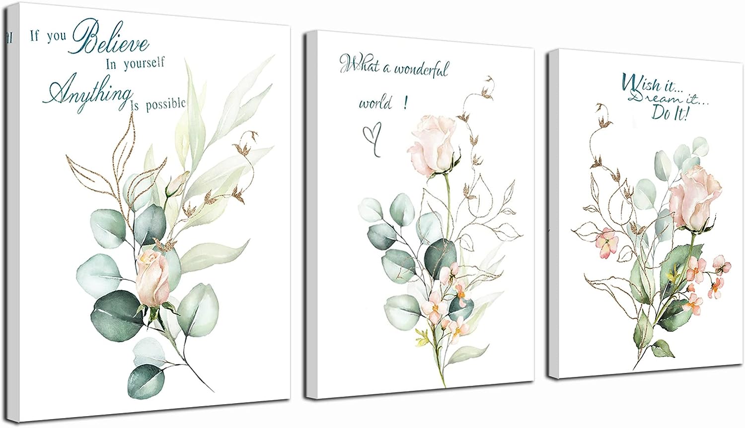 Enartly Flowers Pink Botanical Pictures Plants Canvas Wall Art Summer Minimalist, Simple Floral Paintings Artwork Framed for Bathroom Living Room Bedroom Office Home Wall Decor, 12 inch x16 inch x3 Panels 12&#034;x16&#034;x3
