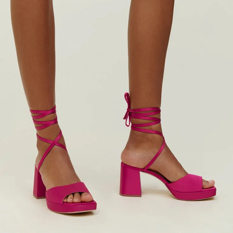 Pink Platform Sandal Heel Square Toe Wrap Heels Classic Office Shoes |FSJ Shoes
