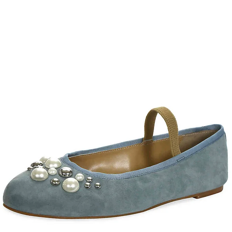 Blue Velvet Beaded Mary Jane Shoes Round Toe Flats with Studs |FSJ Shoes