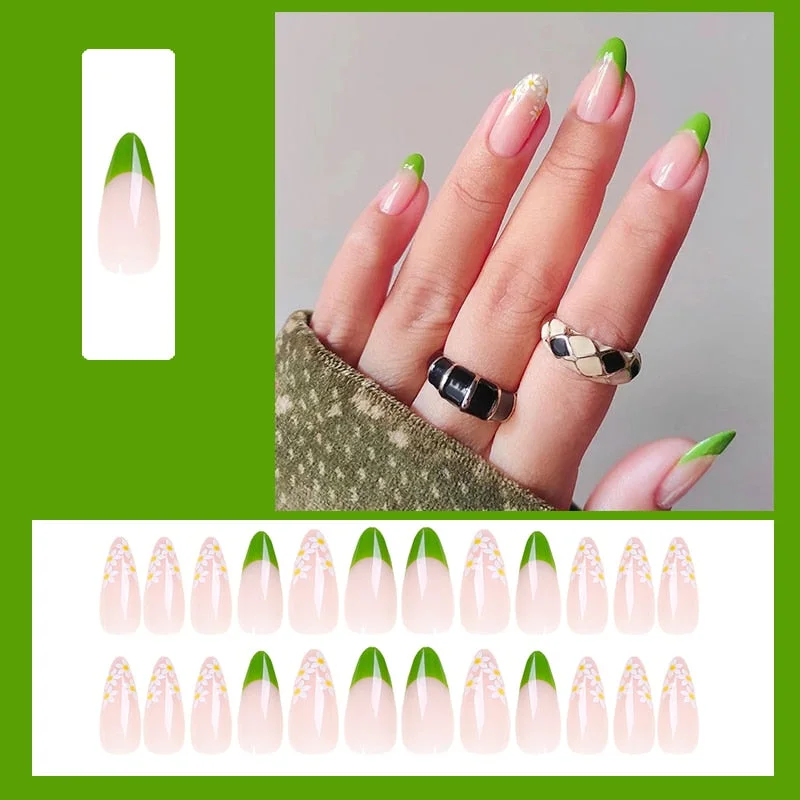 false nails short Green Solid Color with Gold Foil and Shell 3D Decoration Fake Nails Cute Bride Fake Nails Full Nail Tips-Nail Inspo