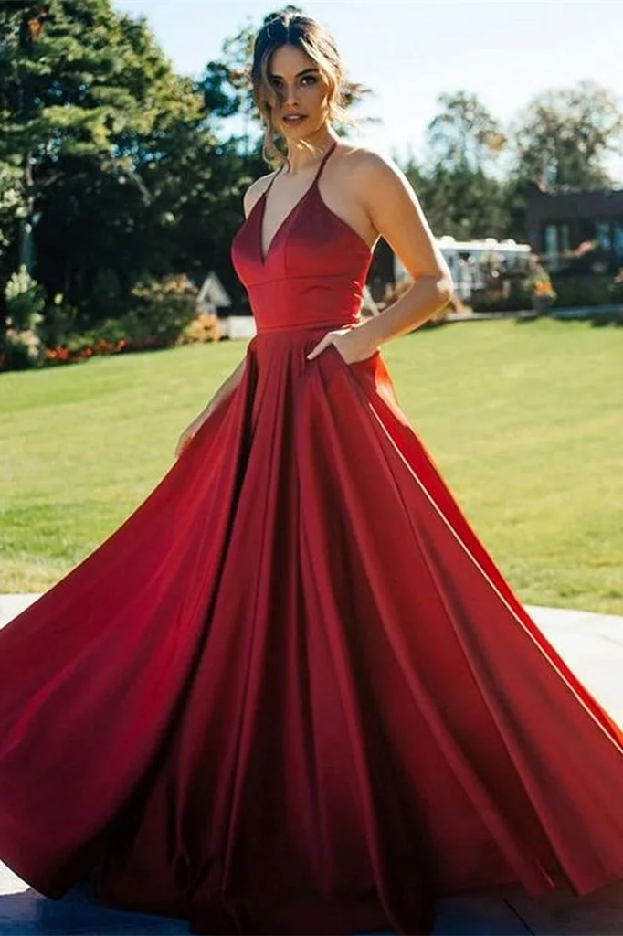 Red V-Neck Evening Dress WIth Pockets PD0400