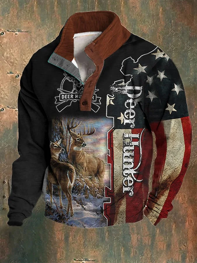 Men's Western Deer Hunting Print Stand Collar Button-Down Sweatshirt in Plush Fabric