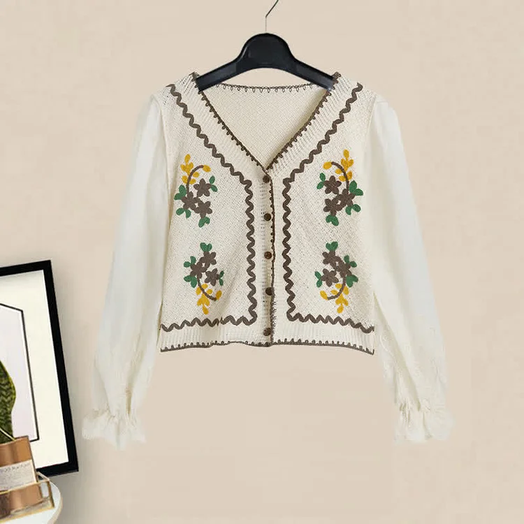 V-neck Flower Embroidery Crochet Shirt Flouncing Slip Dress - Modakawa modakawa