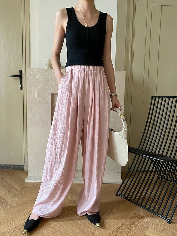 Pleated Solid Color Wide Leg Casual Pants Bottoms