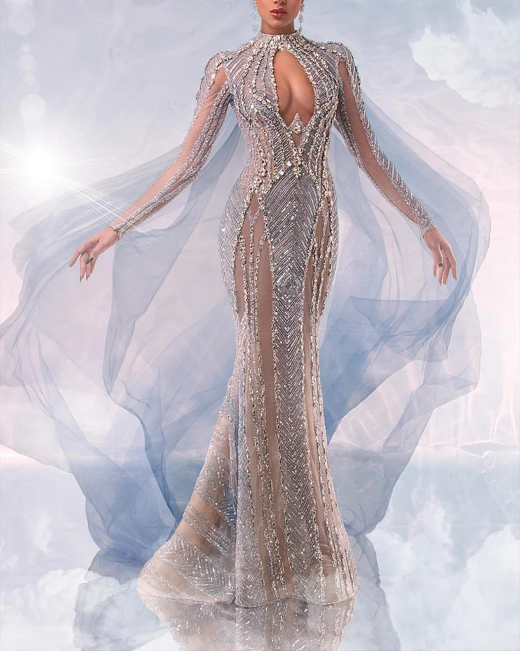 Women's Hollow Long Sleeve Mesh Sequin Dress