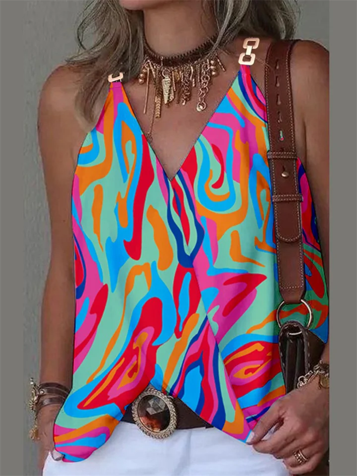 Women's Summer Simple V-neck Metal Buckle Printed Small Undershirt Tops