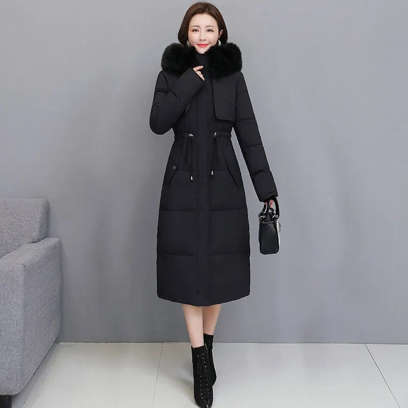 New High quality Over-knee Down Padded Jackets Large Fur collar 2021 Winter Jacket Slim Thick Women's Parka Solid Female Coats