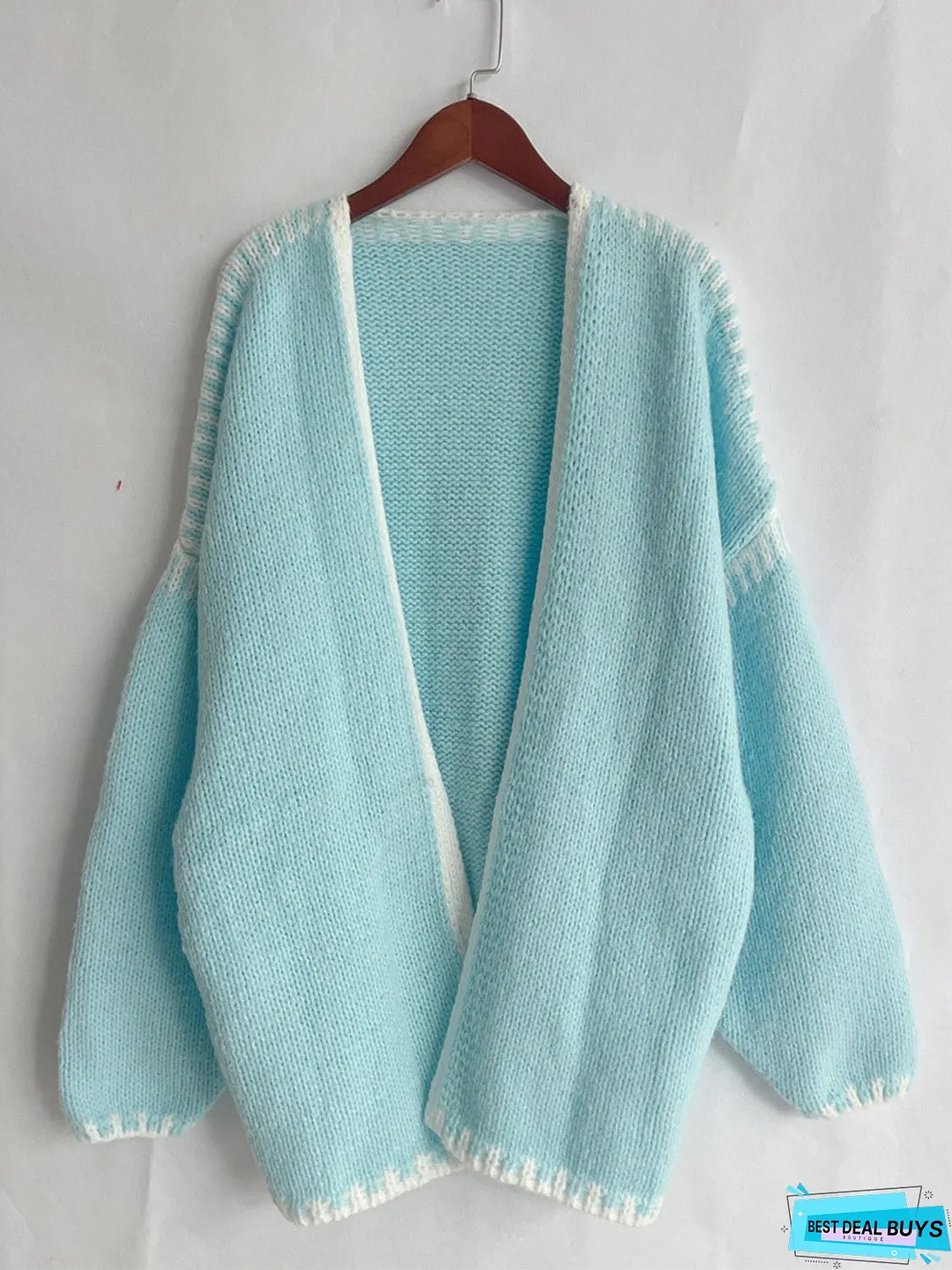 Double Take Contrast Open Front Dropped Shoulder Cardigan