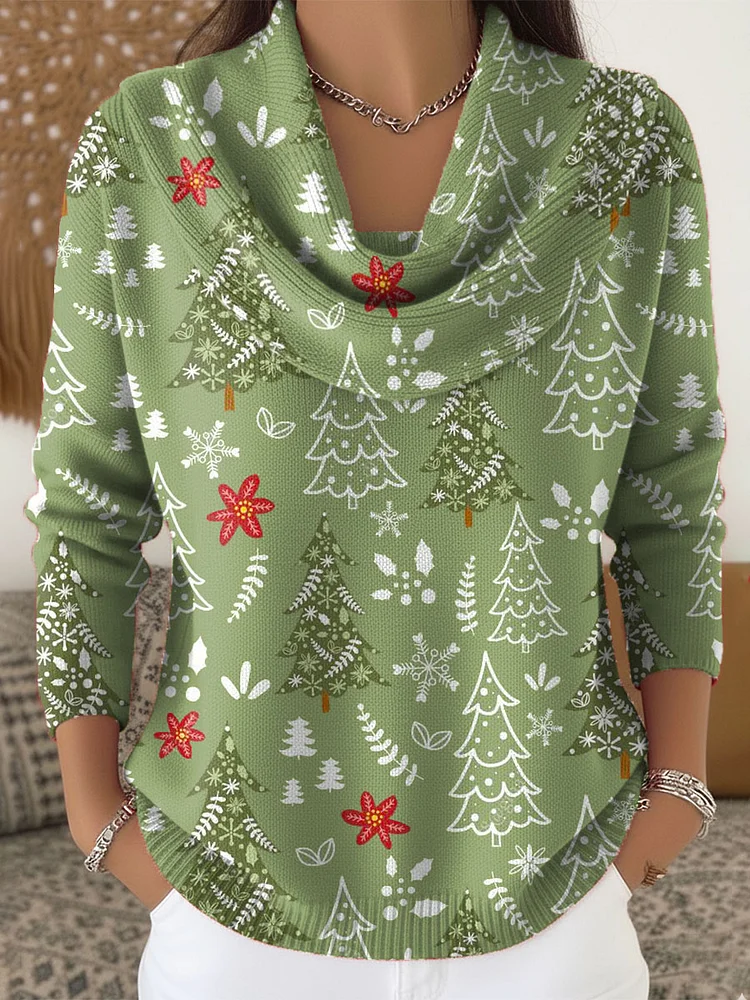 Women's Christmas Tree Pattern Art Print Cowl Neck Sweater