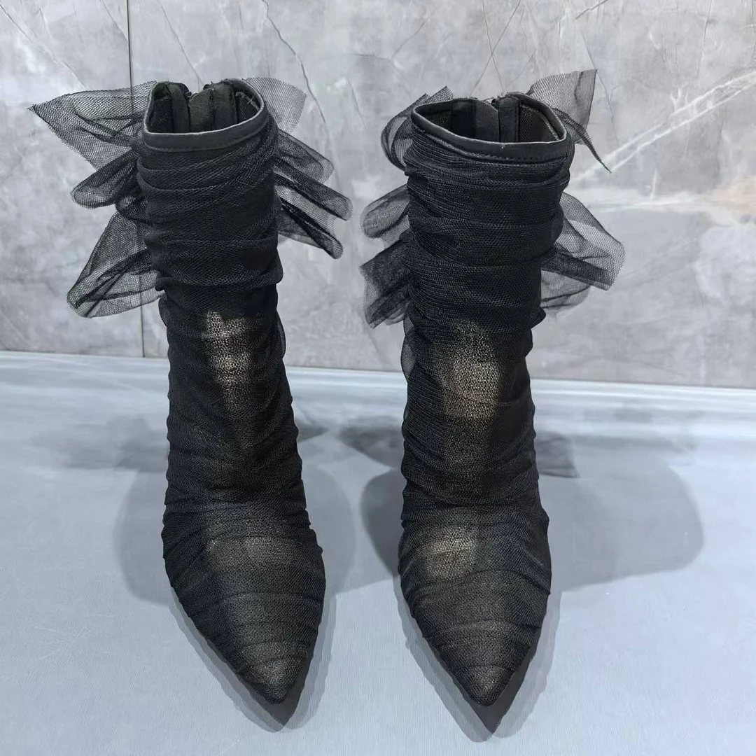 100mm Women's Black Breathable Mesh Boots Red Bottom Ankle Boots-MERUMOTE