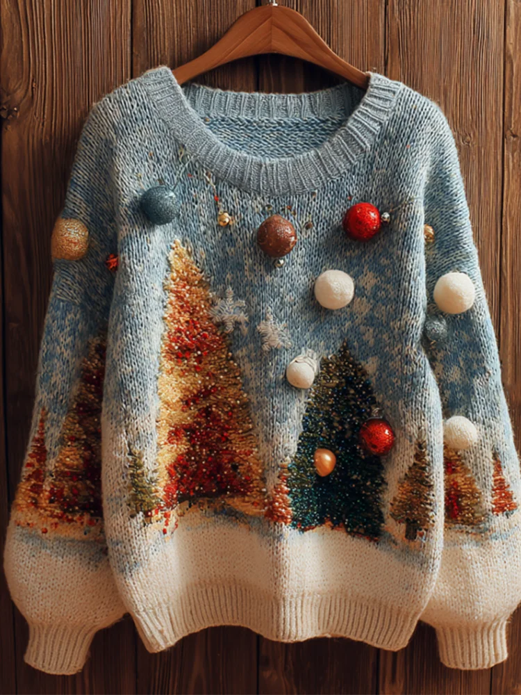 Christmas Tree Elements Women's Round Neck Knit Sweater