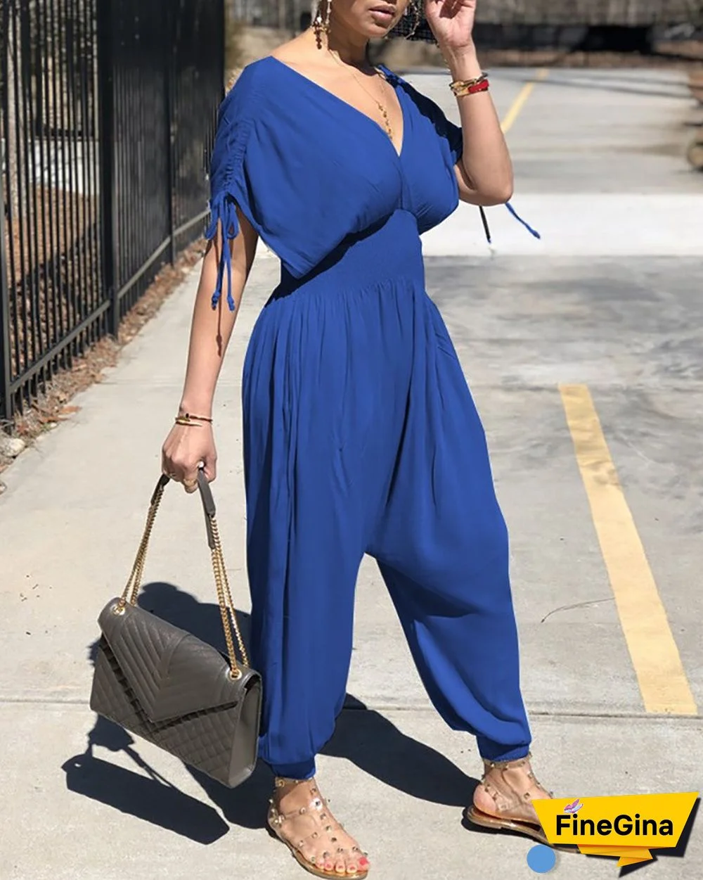 Drawstring Ruched Shirring Waist Jumpsuit