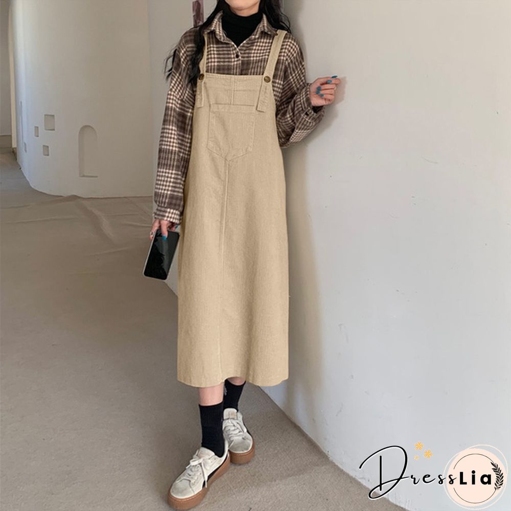 Women Winter Sleeveless Corduroy Casual Loose Warm Midi Tank Dress Sundress